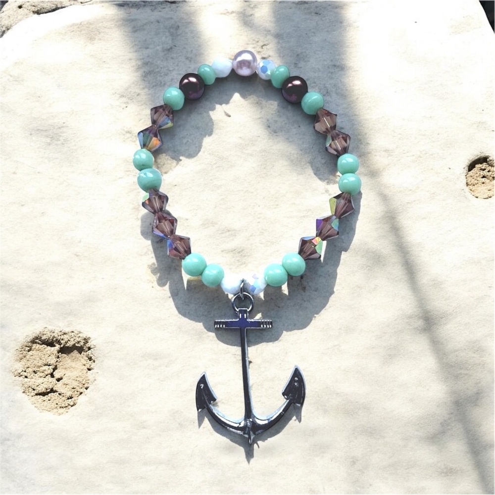 Nautical Anchor Silver Charm Bracelet Mint and Silver Recycled Beads
